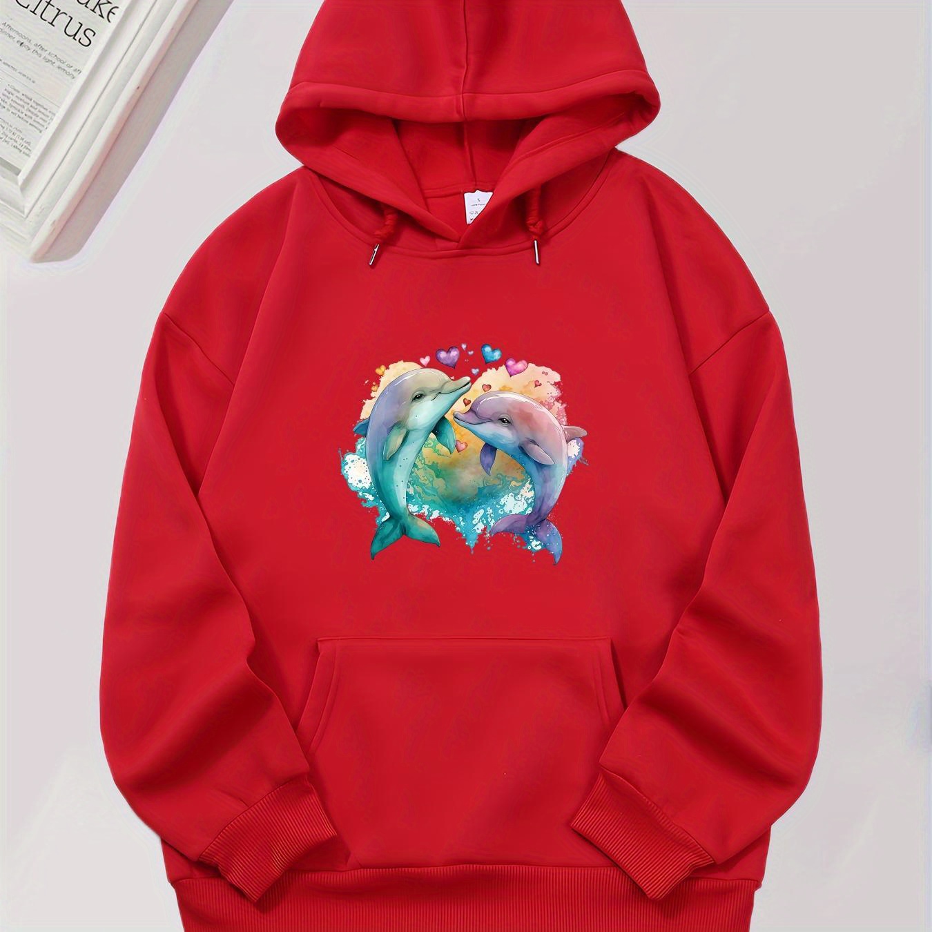 

Women's Casual Dolphin Love Graphic Print Hoodie - 100% Polyester Knit Fabric Pullover With Drawstring, Front Pocket, Slight Stretch - All-season Hooded Sweatshirt