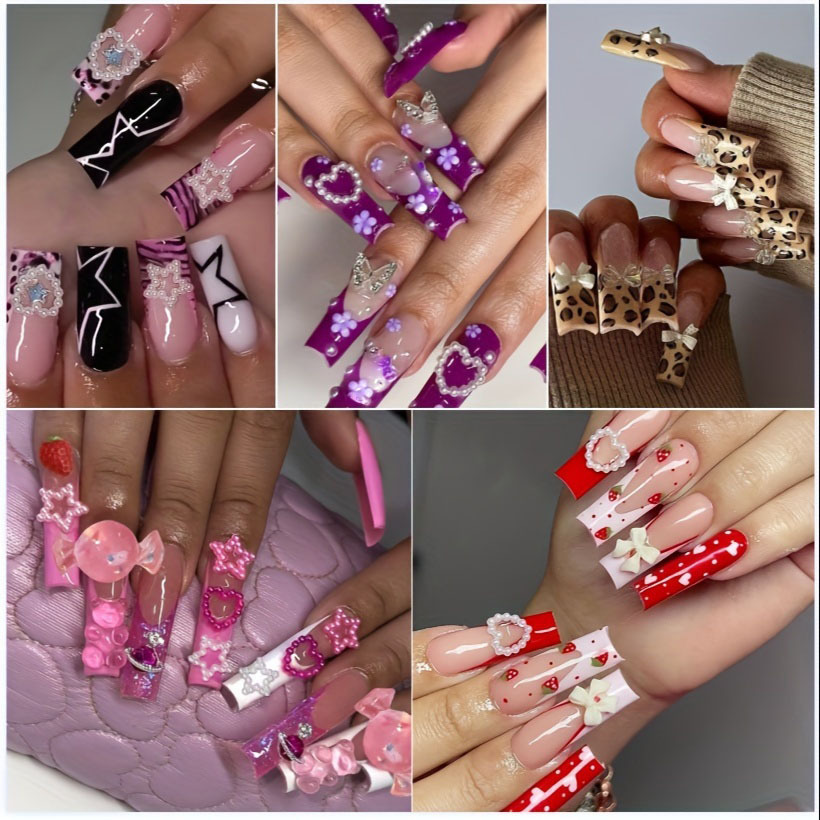 

120pcslong Square Press On Nails French Tips Butterfly Rhinestone Heart Fake Nails With Leopard Print Designs Full Cover Pink Bow Gel Glue On Nails Glossy Acrylic Artificial False Nails For Women