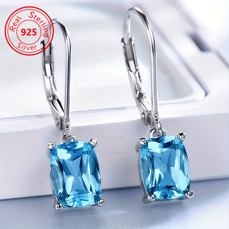 

1 Pair Of Blue Zircon Pendant Hoop Earrings 925 Elegant Style Jewelry Gift For Ladies