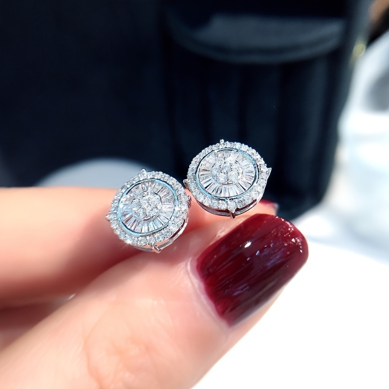 

1 Pair Of Sparkling Round Stud 925 Studded With Diamond Zircon Jewelry Elegant Minimalist Style Suitable For Women