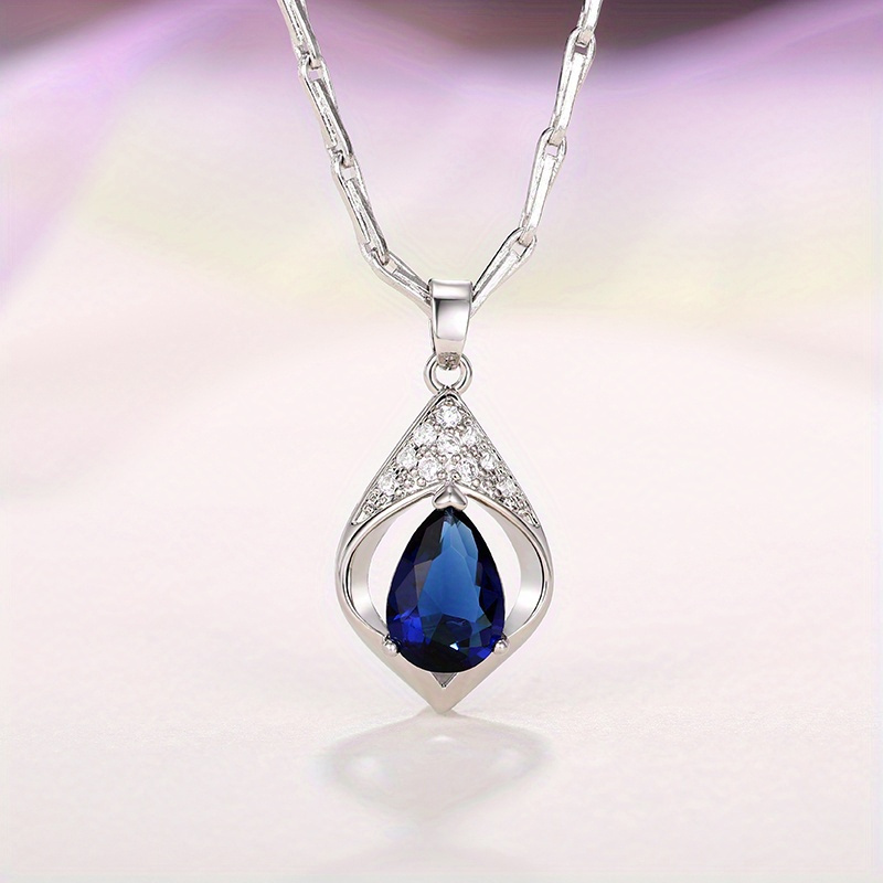 TEMU 1 Teardrop Blue Synthetic Cubic Zirconiaia 925 Sterling Silvery Necklace - Exquisite Teardrop Shape, Simple And Luxurious Jewelry Gift For Men