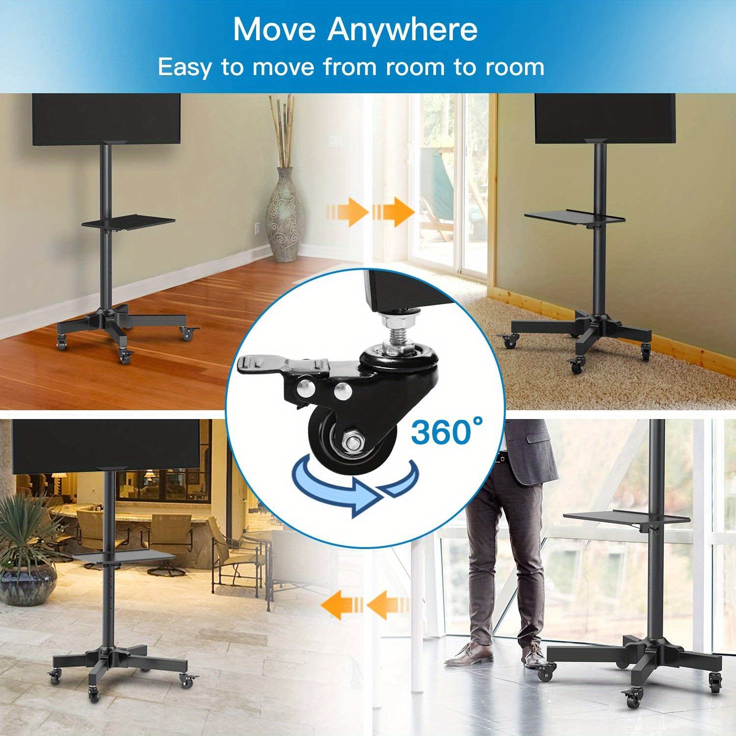 

Height Adjustable Tv Trolley, Removable Tv Stand, Tv Trolley, 55 Lbs, For 23-60 Inch Flat Screen Tv Or Screen With Monitor Dvd Tray, 400*400mm, Multi-functional Tv Stand Trolley With Wheels