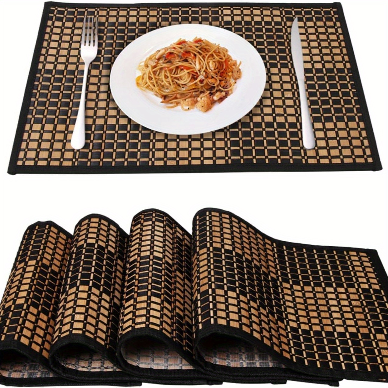 Image of Set Of 4 Bamboo Table Mats For Dining, And Heat, Durable And Strong, Suitable For Kitchen Tables (13x18 Inches, Black Color)