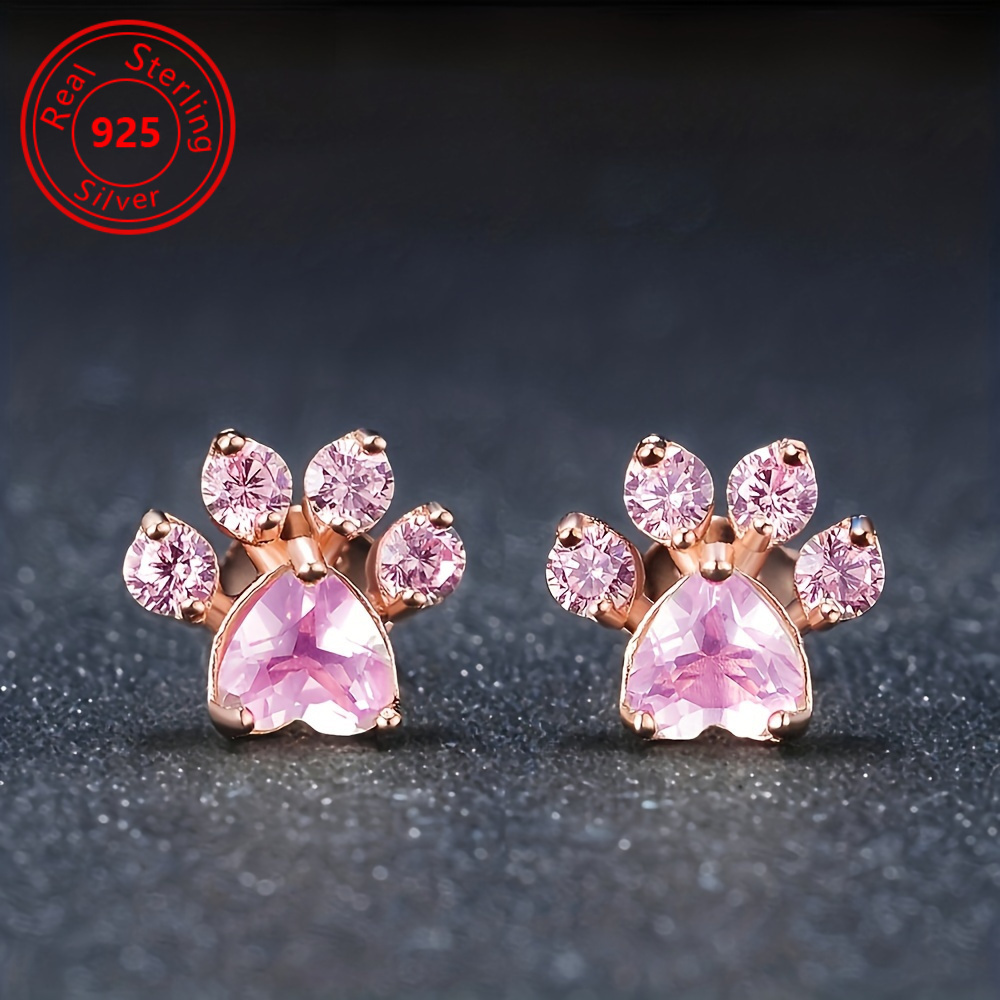 

1 Pair Of Vibrant Pink Zirconia Cat Paw 925 Sterling Silvery Earrings, Cute Party Accessories, Suitable For , Ideal Fashion Jewelry