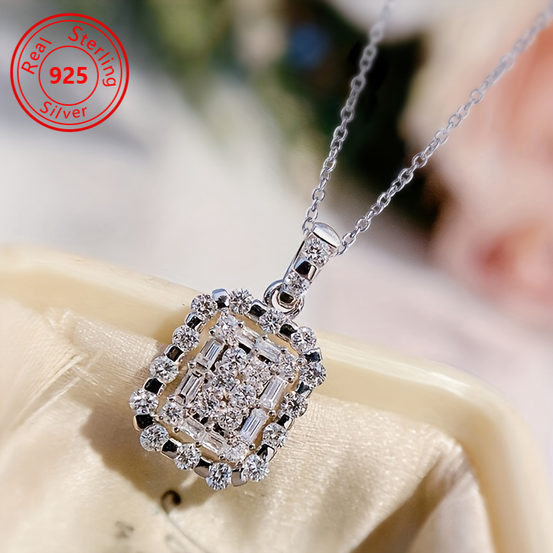 

1 Exquisite 925 Sterling Silver Square Pendant Necklace, Men's And Women's Wedding Engagement Banquet Necklace