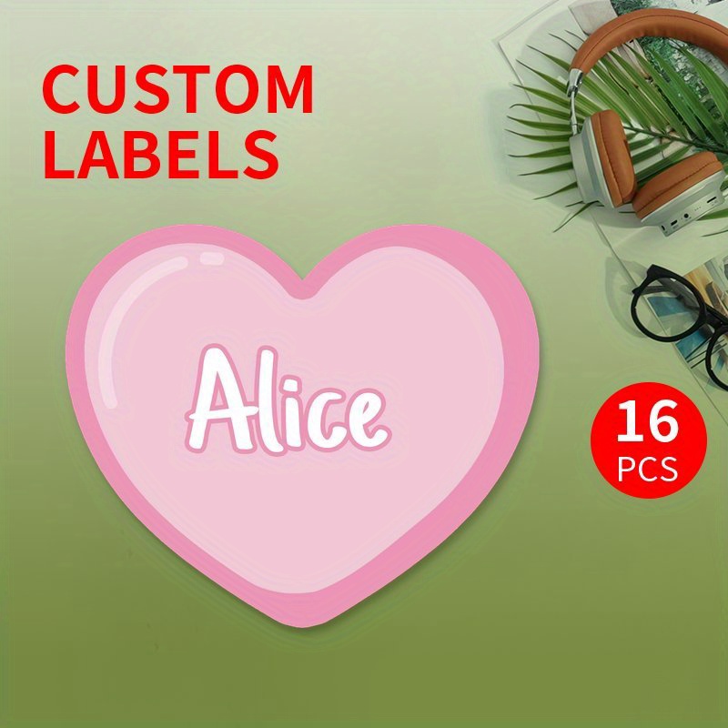 

16-pack Custom Heart-shaped Pink Personalized Name Labels, Polypropylene No-feather Adhesive Tags For Office, School, Bottles, Valentine's Gifts, Birth Announcements