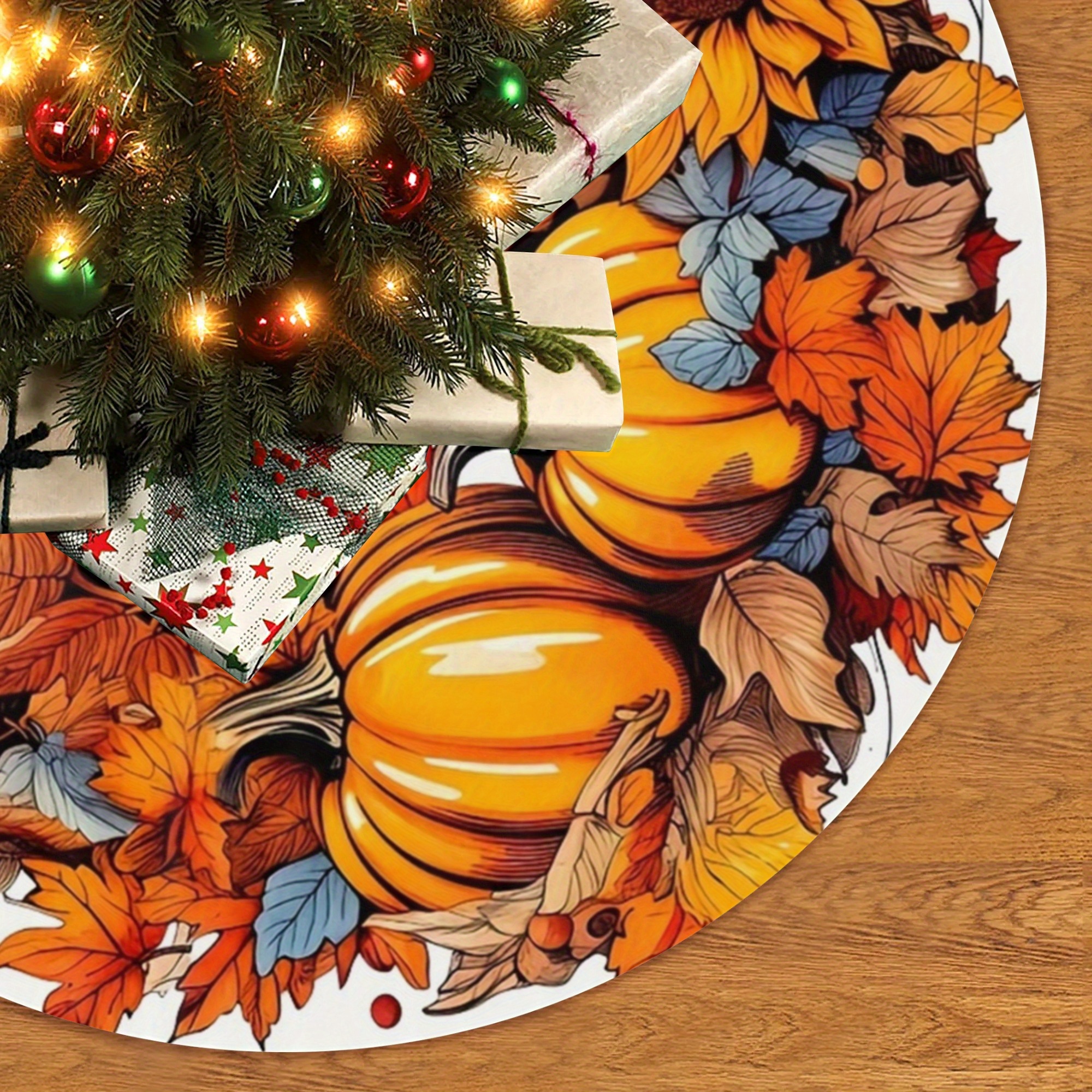 

Festive Autumnal Tree Skirt: 48"x48" Vinyl With Pumpkins And Sunflowers - Christmas, Thanksgiving, Or Fall Decor