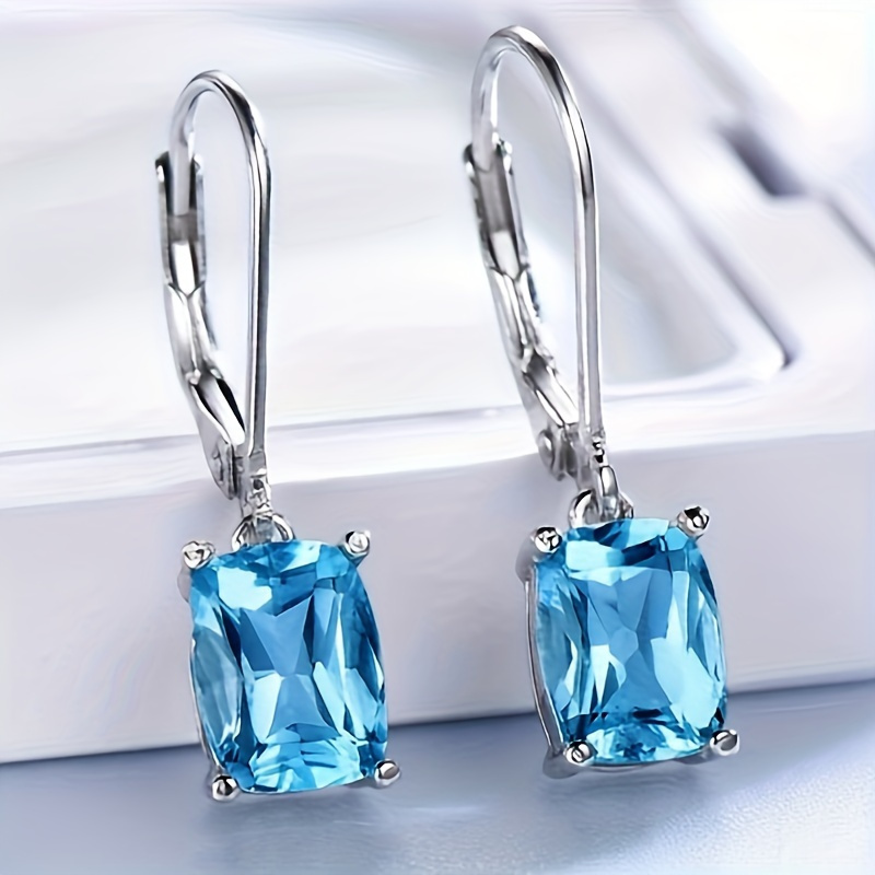 TEMU 1 Pair Of Blue Synthetic Cubic Zirconiaia Pendant Hoop Earrings 925 Sterling Silvery Earrings Elegant Style Jewelry Gift