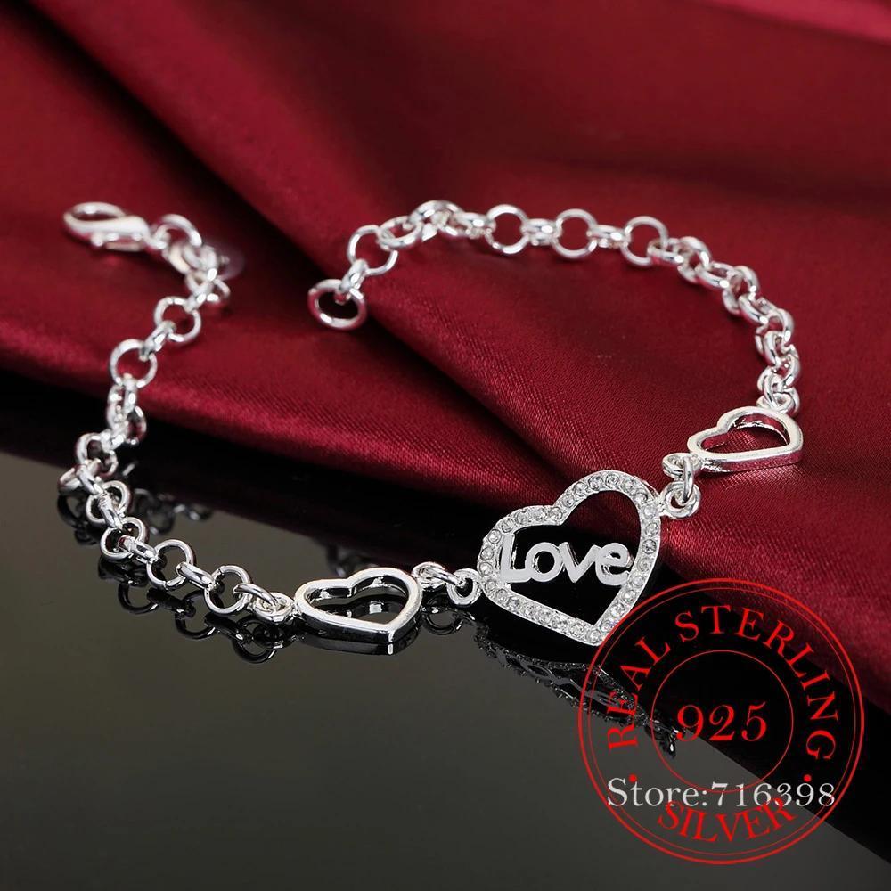 

1pcs 925 Sterling Silver Heart Love Girl Bracelets Geometry Chain Line Party Retro Women's Jewelry Lady Valentine's Gifts