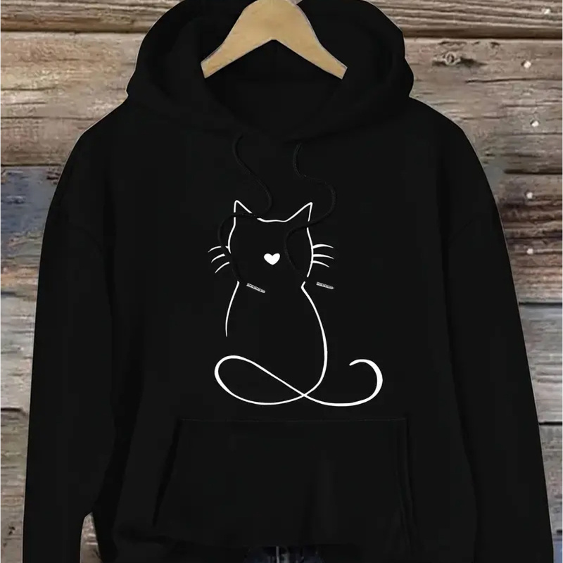 

Cat Print Hoodie, Drawstring Casual Hooded Sweatshirt For Winter & Fall, Women's Clothing