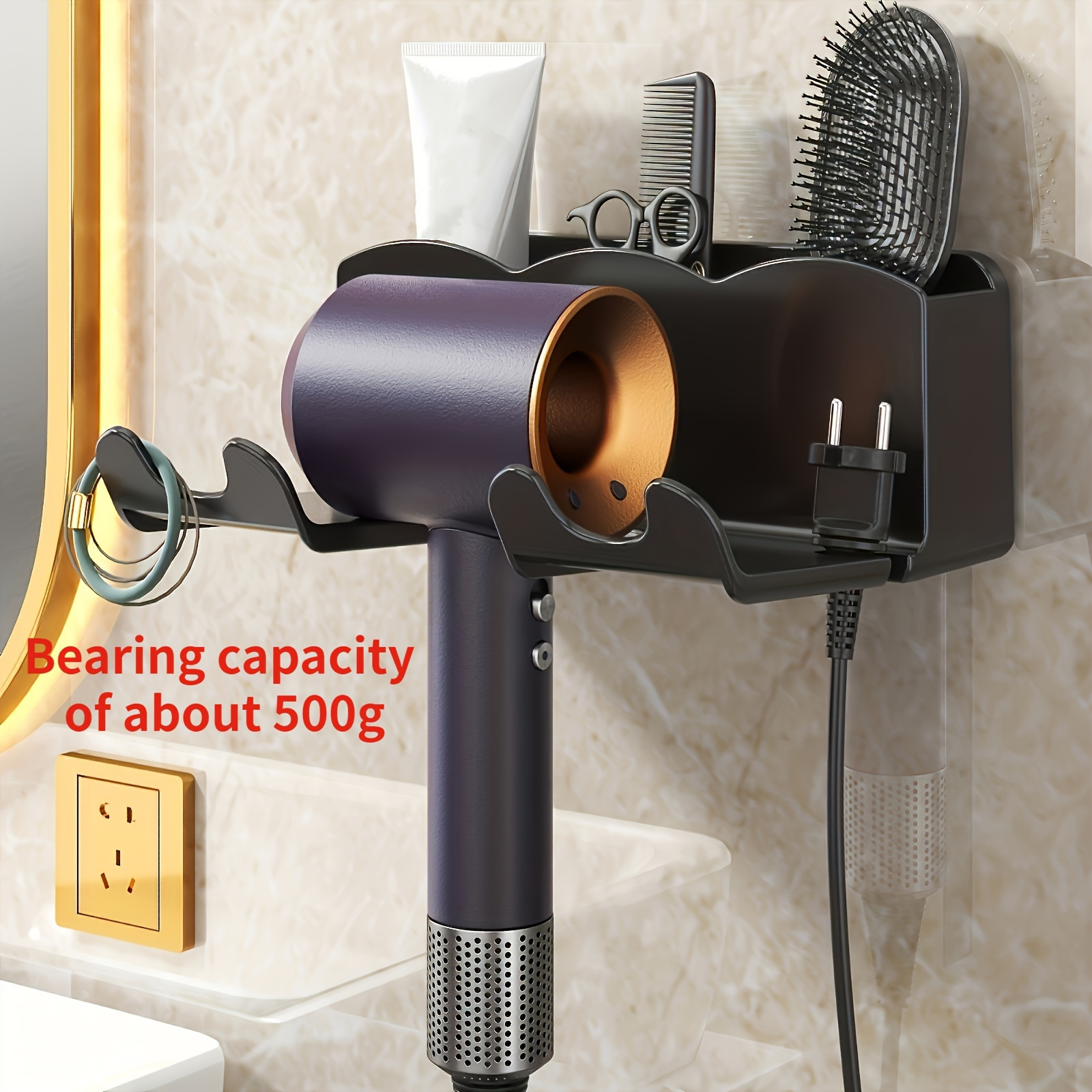 TEMU Wall-mounted Hair Dryer , -saving No-drill Organizer, & , Battery Operated, For Bathroom , Home & Kitchen Supplies