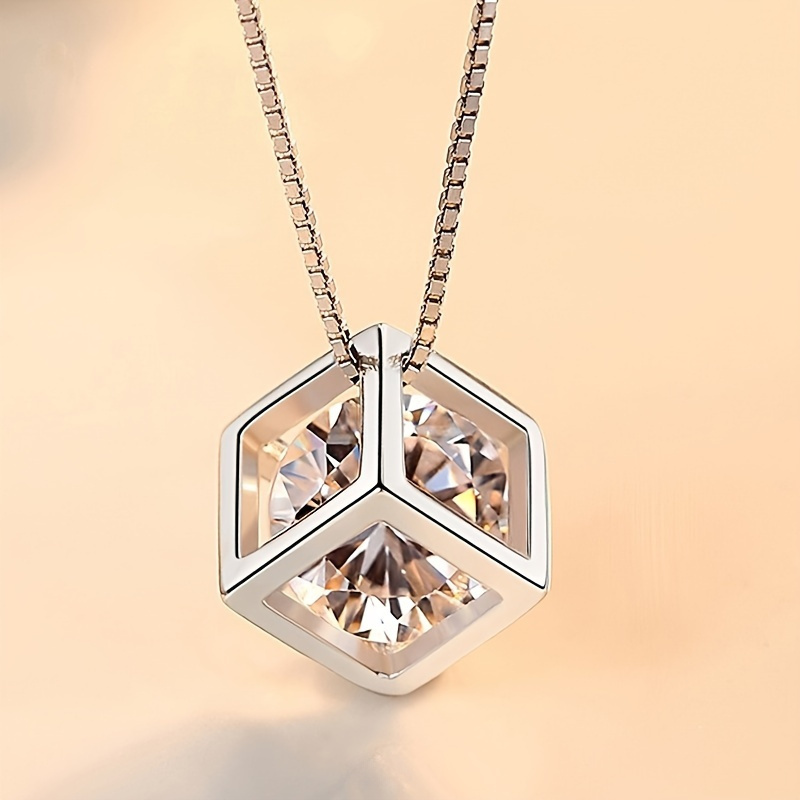 TEMU 1 Exquisite Synthetic Cubic Zirconiaia Inlaid Cube 925 Sterling Silvery Pendant Necklace - Elegant Vintage Jewelry Suitable For Men And Women,