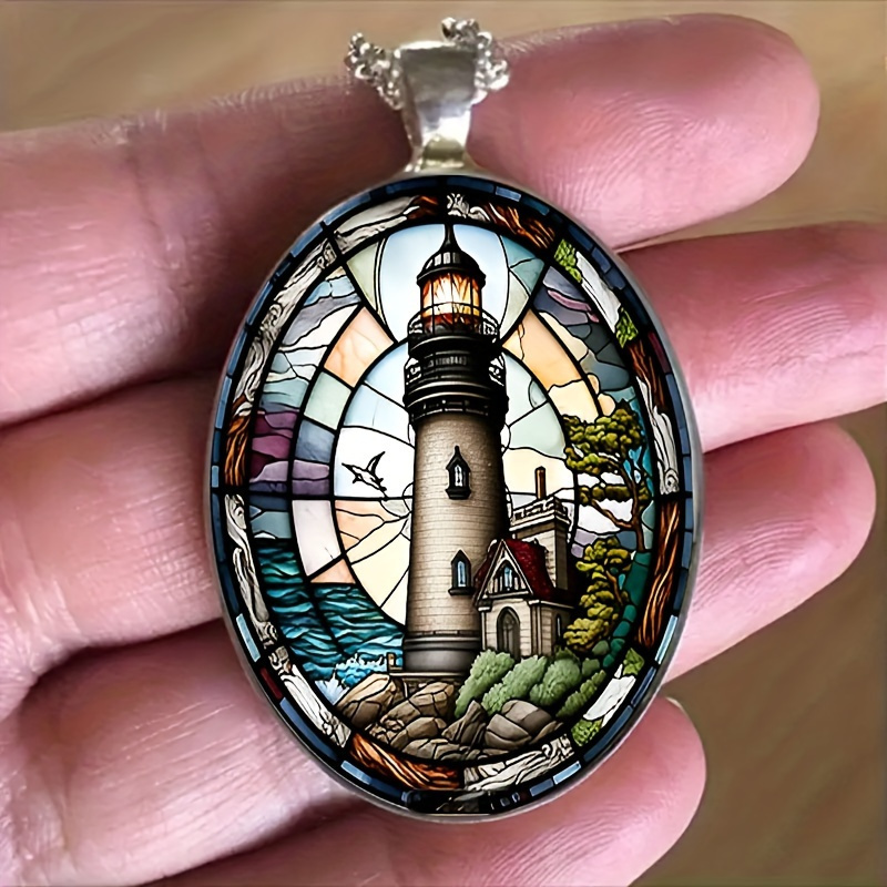 TEMU 1 Piece Fashion Elegant Lighthouse Pattern Oval Alloy Glass Pendant Chain Necklace