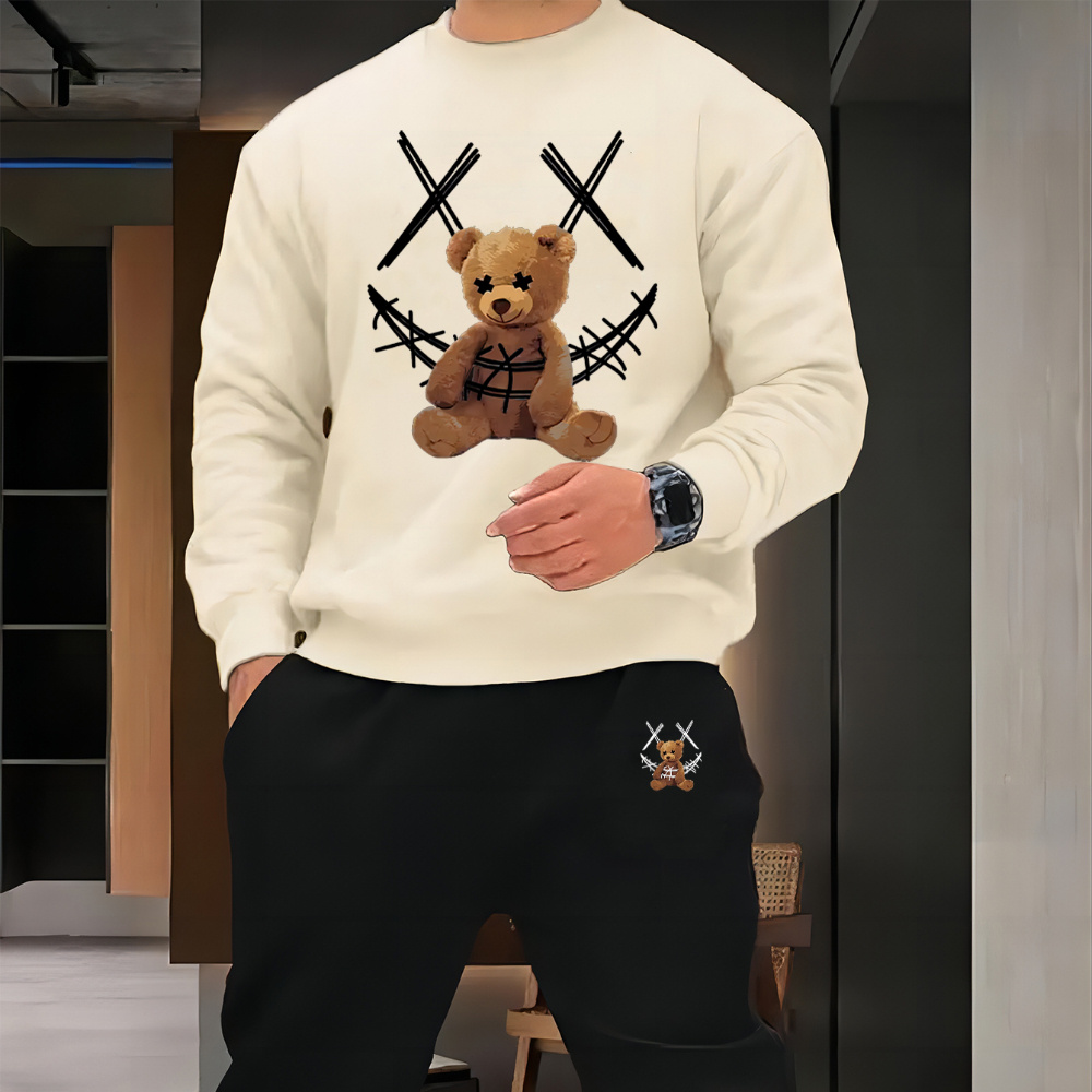 

Men's Casual Bear Print Sweatshirt & Drawstring Joggers Set - Comfy Polyester, Machine Washable