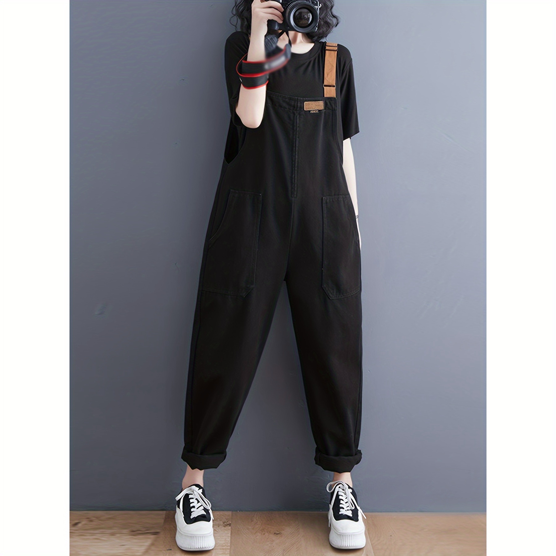 

Adjustable Strap Soft Overalls Jumpsuits For Women, Solid Color Washed, Cotton Harem Pants, Non-stretch Woven Fabric, All Season - Item 5578