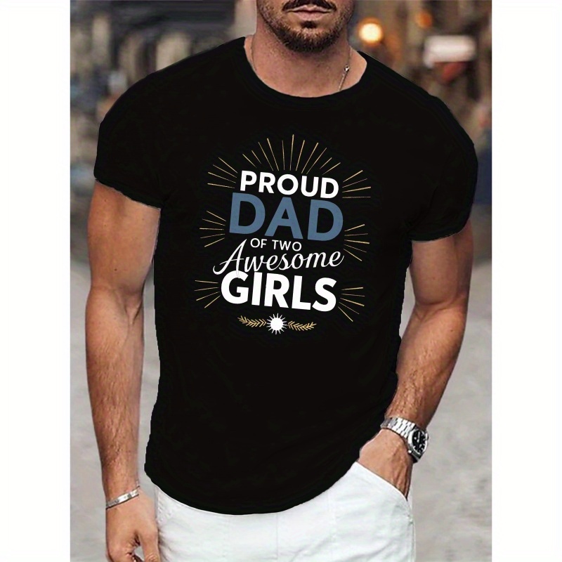 

Proud Dad Of 2 Awesome Girls" Graphic Tee - Casual Short Sleeve T-shirt For Men, Breathable Polyester, Machine Washable - Perfect Summer Gift