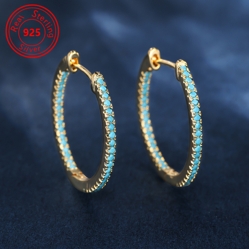 

A Pair Of Silvery Hoop 925 With Blue Turquoise Decoration, Perfect Gift For Bohemian Style Jewelry.