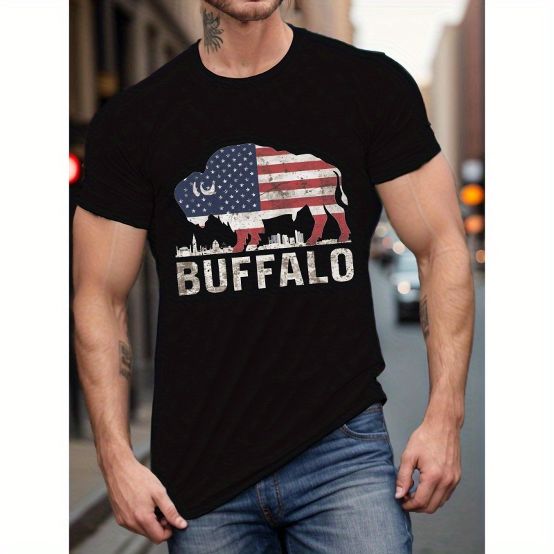 

Men's Patriotic Buffalo Print T-shirt - Casual Crew Neck Polyester Tee With Slight Stretch, Geometric Pattern, Regular Fit Summer Knit Fabric Shirt