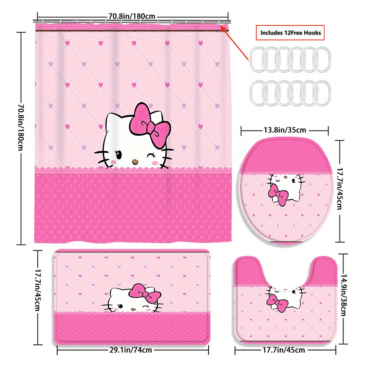 TEMU 4pcs Hello Kitty Shower Curtain Set, Beautiful Housewarming Gift, Curtain Decoration, Waterproof Shower Curtain And Toilet Floor Mat Piece Set With 12 Shower Curtain Hooks