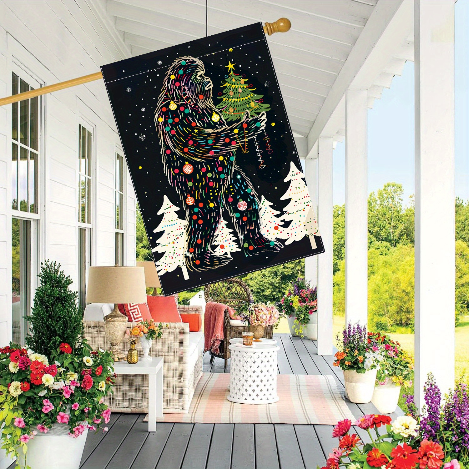 

Double-sided Polyester Christmas Flag - 28" X 40" Winter Gorilla With Tree Garden Flag - Outdoor Lawn And Yard Decoration - Seasonal Festive Banner Without Electricity