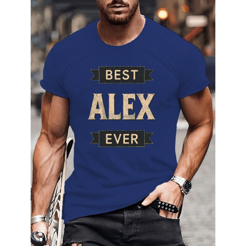 

T-shirt en coton polyester à col rond pour homme "Le Meilleur Alex" avec tissu tricoté légèrement élastique pour confort, tee-shirt géométrique casual avec coupe régulière pour l'été