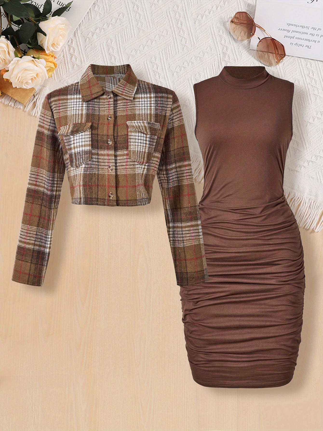 teen girls fashion   long sleeve shirt ruched bodycon stand collar dress set   outdoor coffee color 0