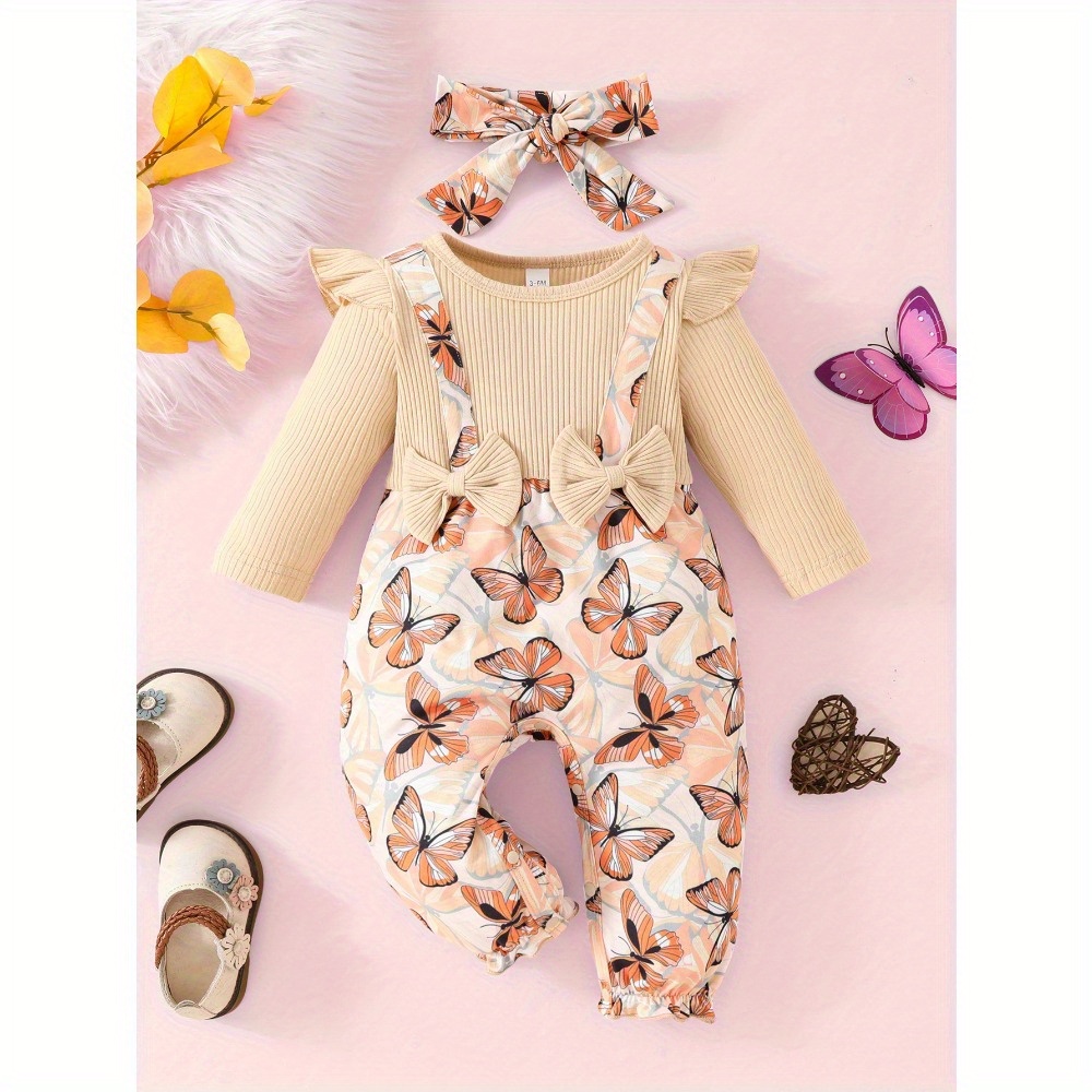 

Baby Girl's Long Sleeve Jumpsuit With Matching Headband