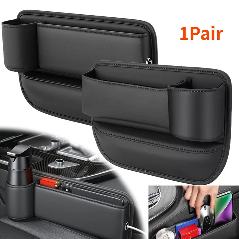 

1pair Pu Leather Car Seat Gap Filler, Universal Front Seat Storage Box With Water Cup Holder, Side Organizer For Vehicle Interior Accessory