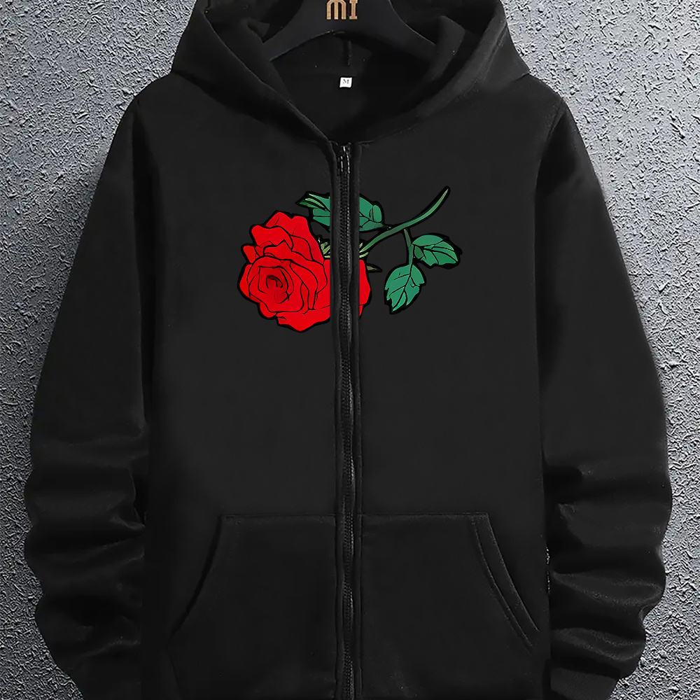 

Rose Print Men's Pullover Round Neck Hoodies With Kangaroo Pocket Long Sleeve Hooded Sweatshirt Loose Casual Top For Autumn Winter Men's Clothing As Gifts