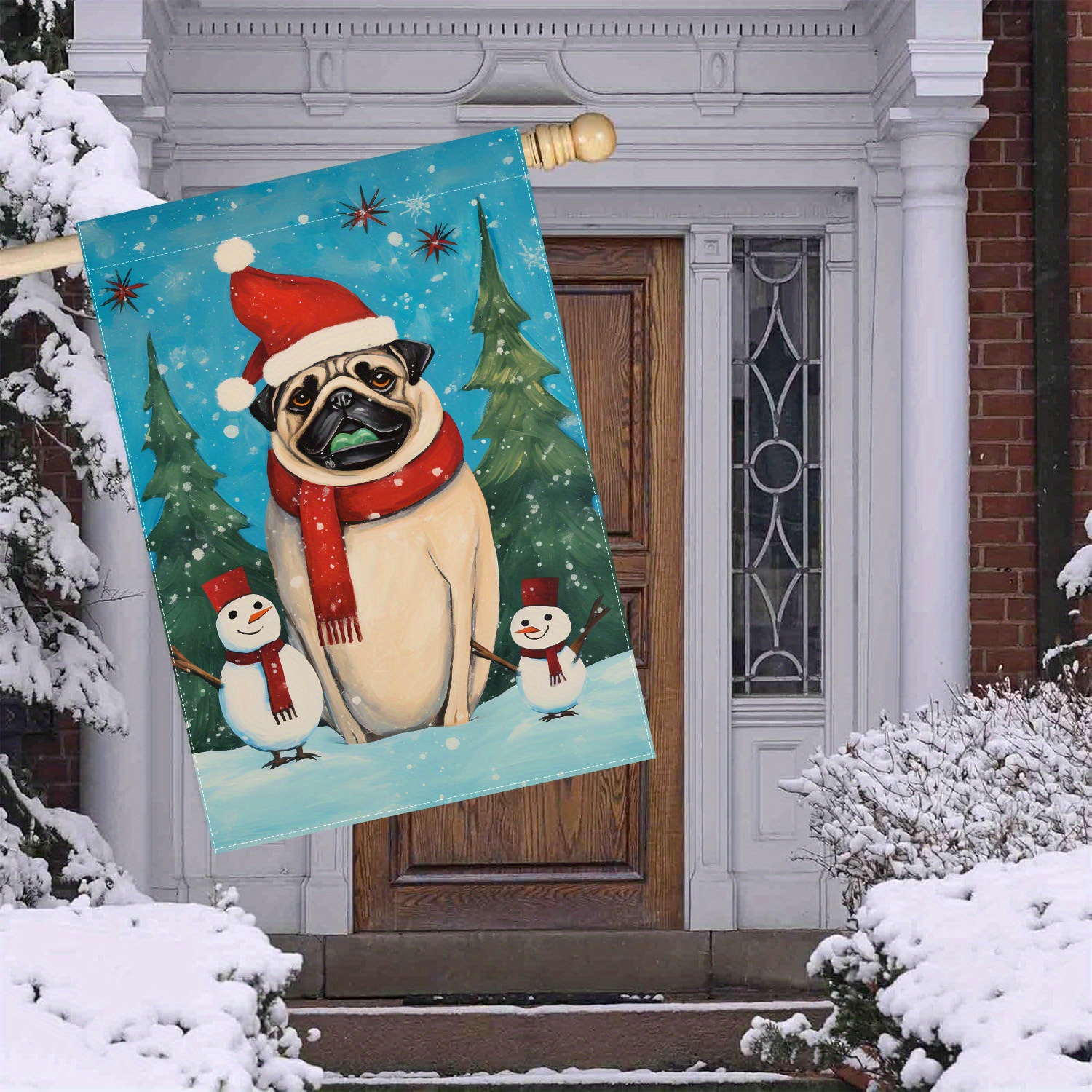 

Festive 28x40in Double-sided Garden Flag: Snowy Pug And Snowmen Holiday Decoration - Outdoor Use, No Electricity Required, Vibra-tex Material