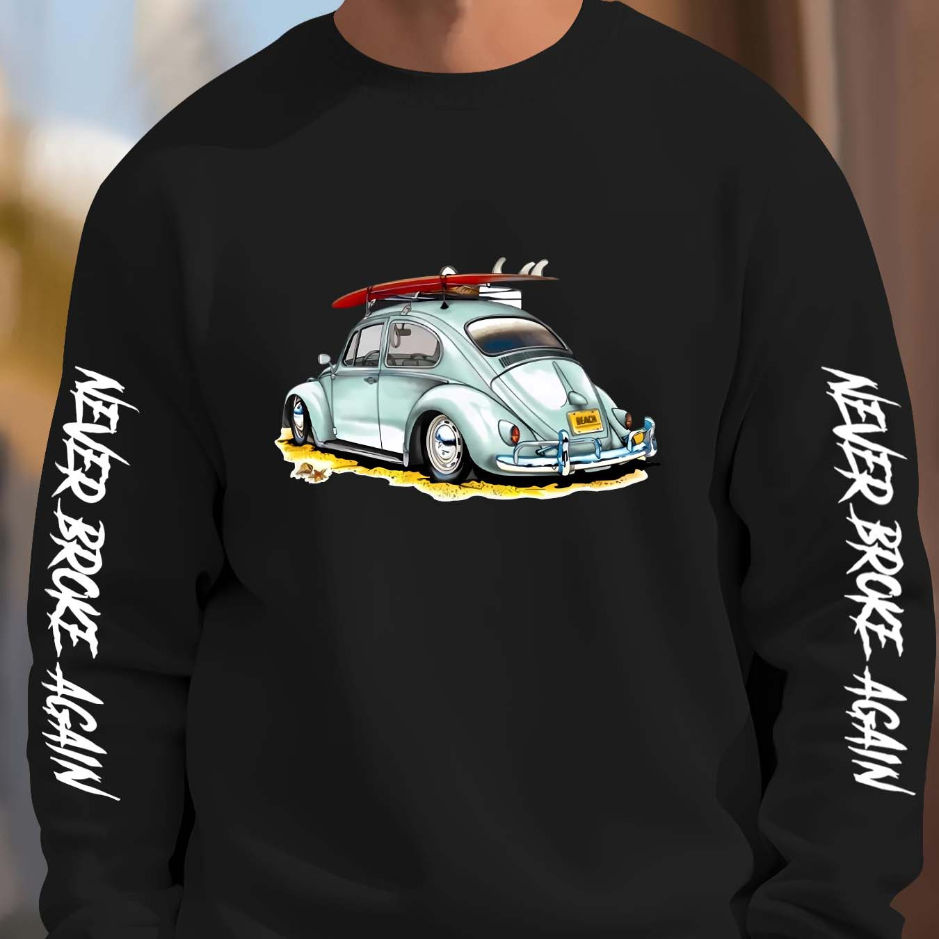 

Sweat-shirt vintage Volkswagen Beetle Surfboard - Sweat à capuche graphique décontracté pour hommes - Tissu polyester extensible - Coupe standard - Encolure ronde - Motif imprimé - Mode homme