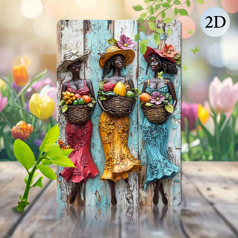 

Rustic Aluminum Wall Art - Elegant Women With Baskets, Vivid 3d Metal Sign Decor For Home, Garden, Balcony - Weather-resistant Indoor/outdoor Decoration, Pre-drilled For Easy Mounting, 8x12 Inch (1pc)