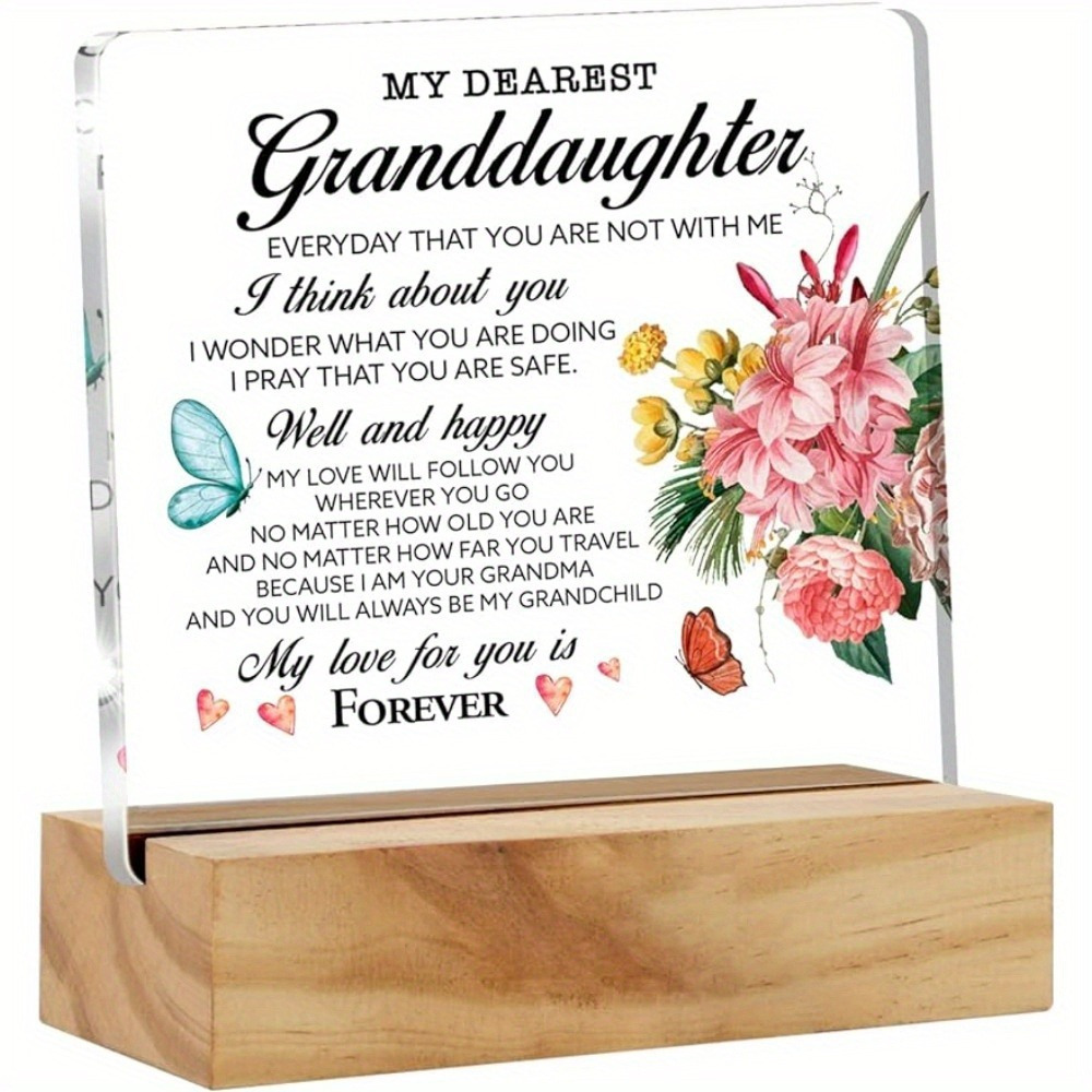 TEMU 1pc, Acrylic Desk Plaque Sign With Wood Stand, Inspirational Granddaughter Gifts, Floral My Granddaughter Sayings Desk Decor, Home Office Desk Sign Keepsake