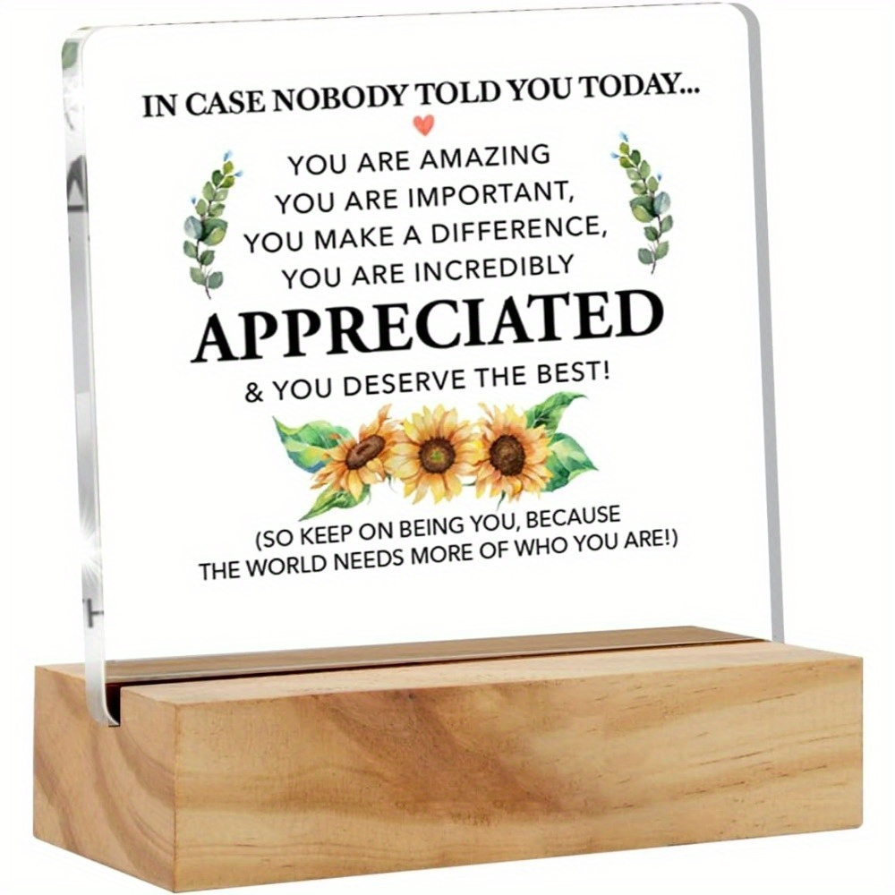 TEMU Thank You Gifts For Women Men, Appreciation Gifts Motivational Quote In Case Clear Acrylic Sign With Wood Stand Sunflower Table Sign Decoration