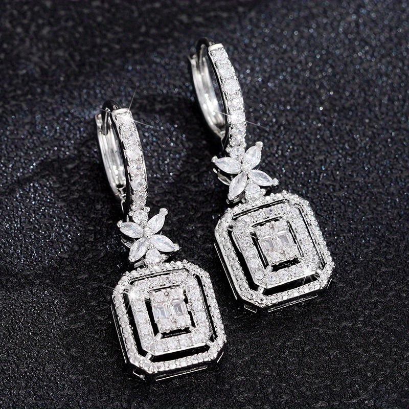 TEMU Fashion Silvery Women' Earrings Sparkling Cubic Zirconia Ladies' Party Jewelry Gift, Suitable For Daily Wear