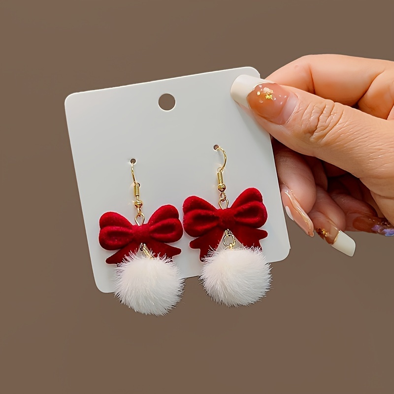 

Red Flocking Bow White Furry Ball Design Dangling Earrings Cute Style Winter Women Earrings Christmas Gift