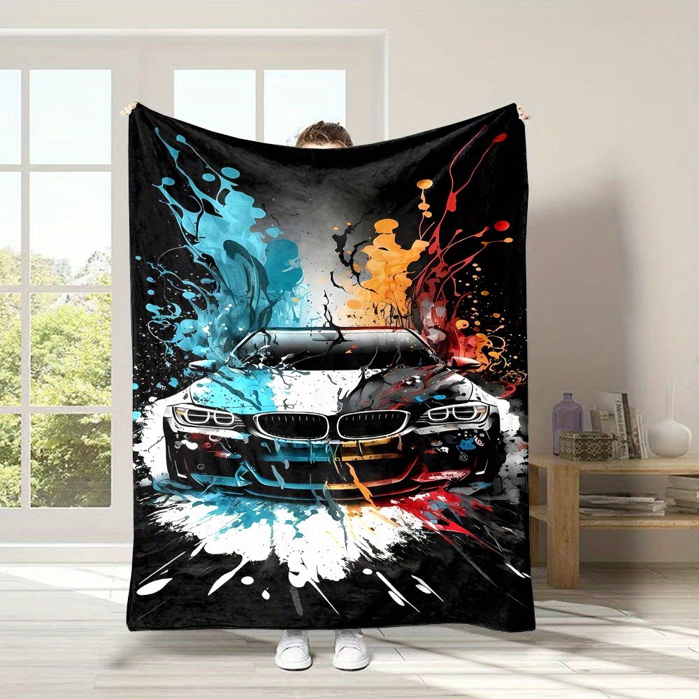 

Contemporary Flannel Throw Blanket With Digital Print, Reversible All-season Comfort - 200-250g Polyester, Non-woven Fabric With Car Design, Soft And Durable, Ideal Gift For Family And Friends