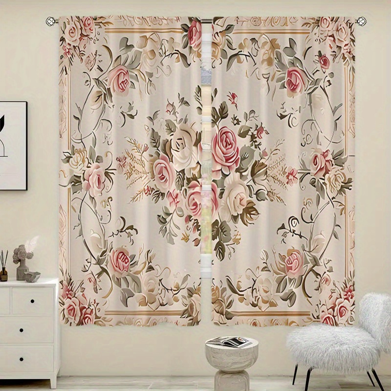 

2pcs Contemporary Blackout Rose Print Curtains - Rod Pocket, Woven Polyester Peach Skin Velvet, Machine Washable Panels For Living Room - Fashion Themed, Light Blocking, No Accessory