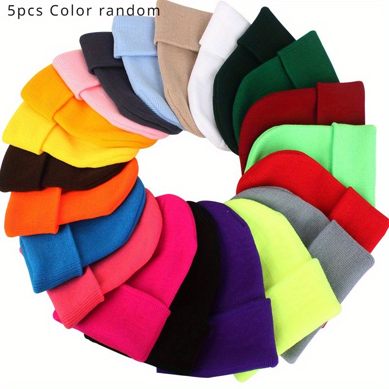 

5 Pack Unisex Winter Beanie Hats, Cozy Knitted Cuffed Skull Caps, Random Color, Nylon, Stretchable, Lightweight, Christmas Season, Hand Wash Only