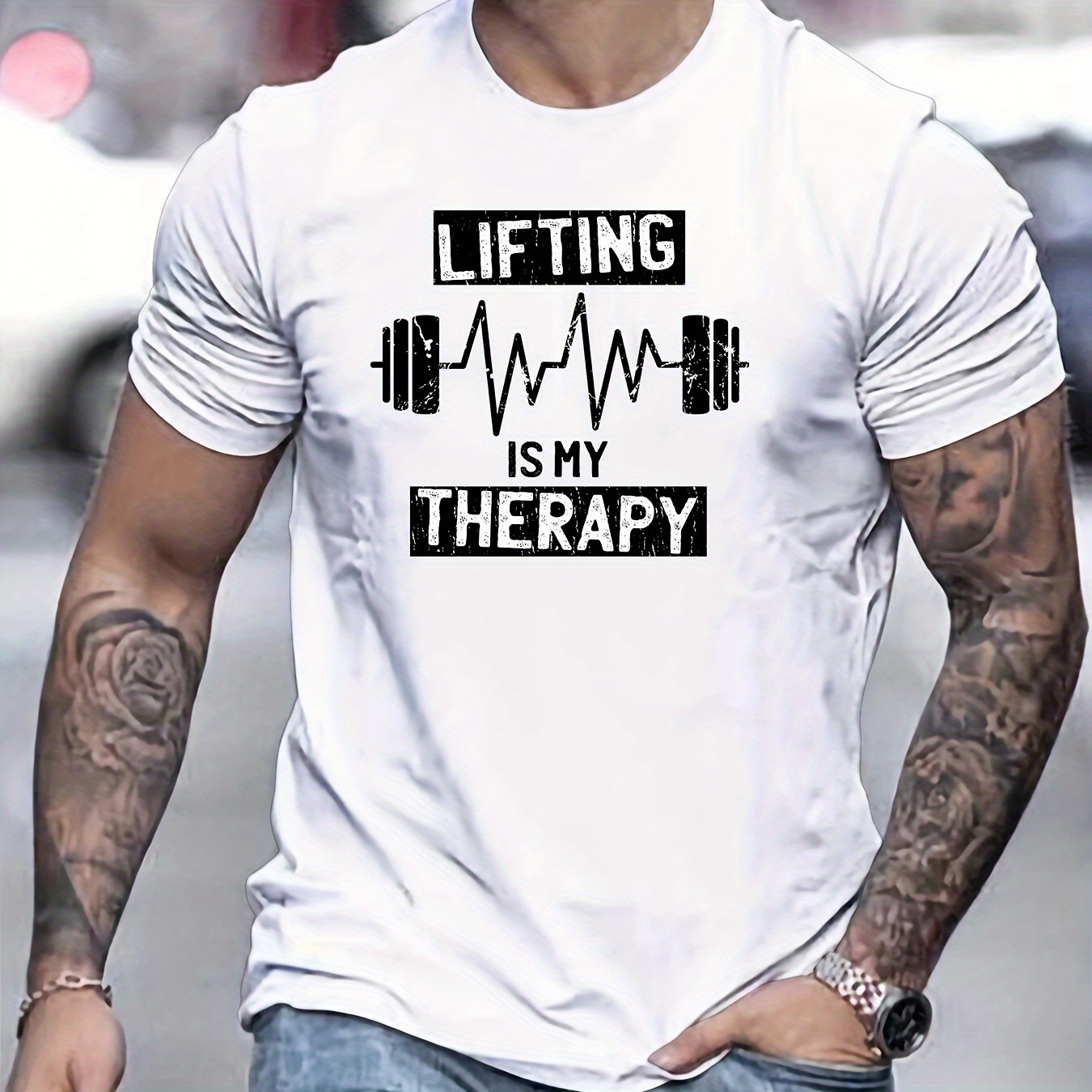 

Weightlifting Is My Therapy And Barbell Graphic Print, Men's Casual Version Type Cotton T-shirt, Summer Daily Activities Cool T-shirt Men's Top