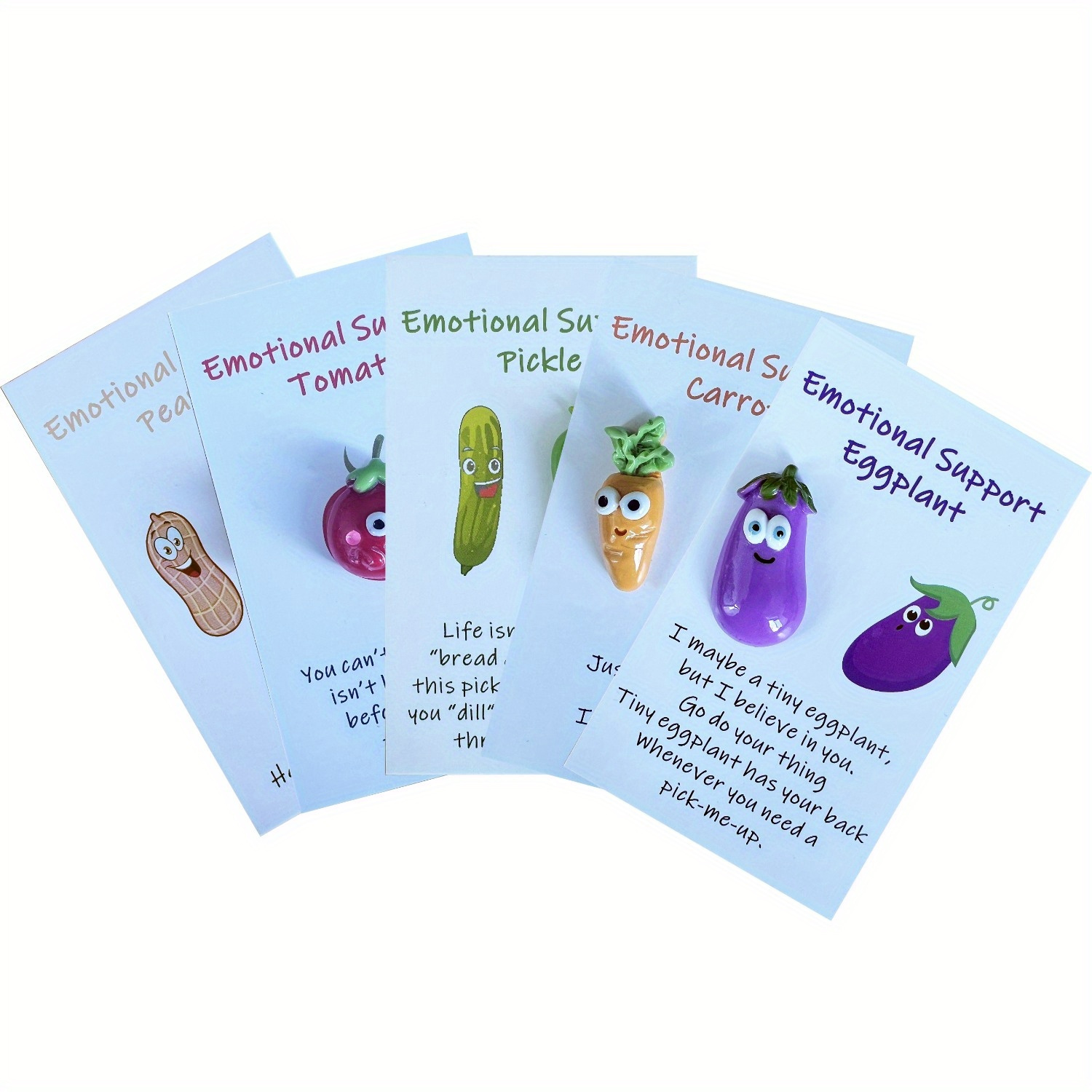 

5pcs Inspirational Resin Figurines With Encouragement Cards - Relax Pocket Decor, Featuring Pickle, Carrot, Peanut, Tomato, Eggplant Designs