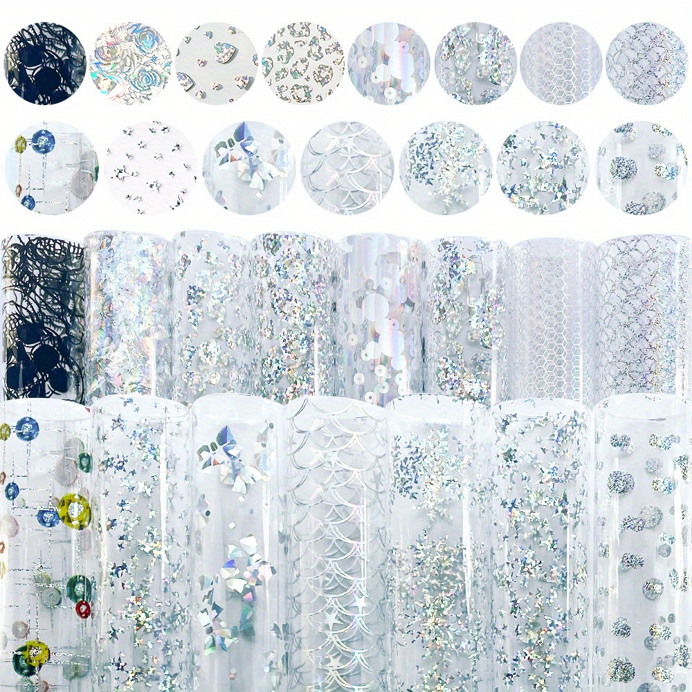 

Lot de 14 Feuilles de PVC Gelée Transparentes Iridescentes, Feuille de Vinyle Holographique Étanche pour Artisanat, Tissu PVC Gelée à pour Nœuds DIY et Couture, 8.2"x11.8" (21x30cm)