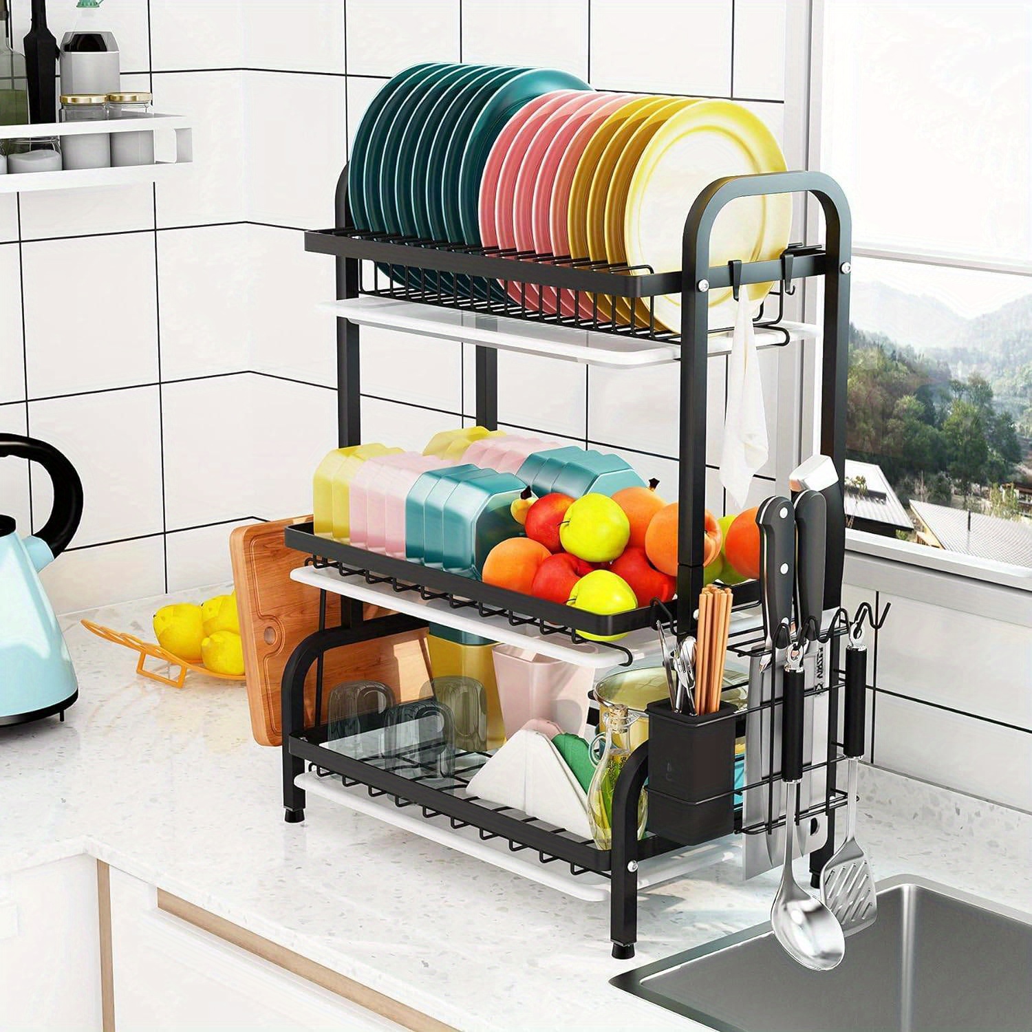 

Drying Rack, Metal 3-tier Large Capacity Dish Rack With Utensil Holder, Cutting Board Holder, Drain Board Tray For Kitchen Counter Storage (black)