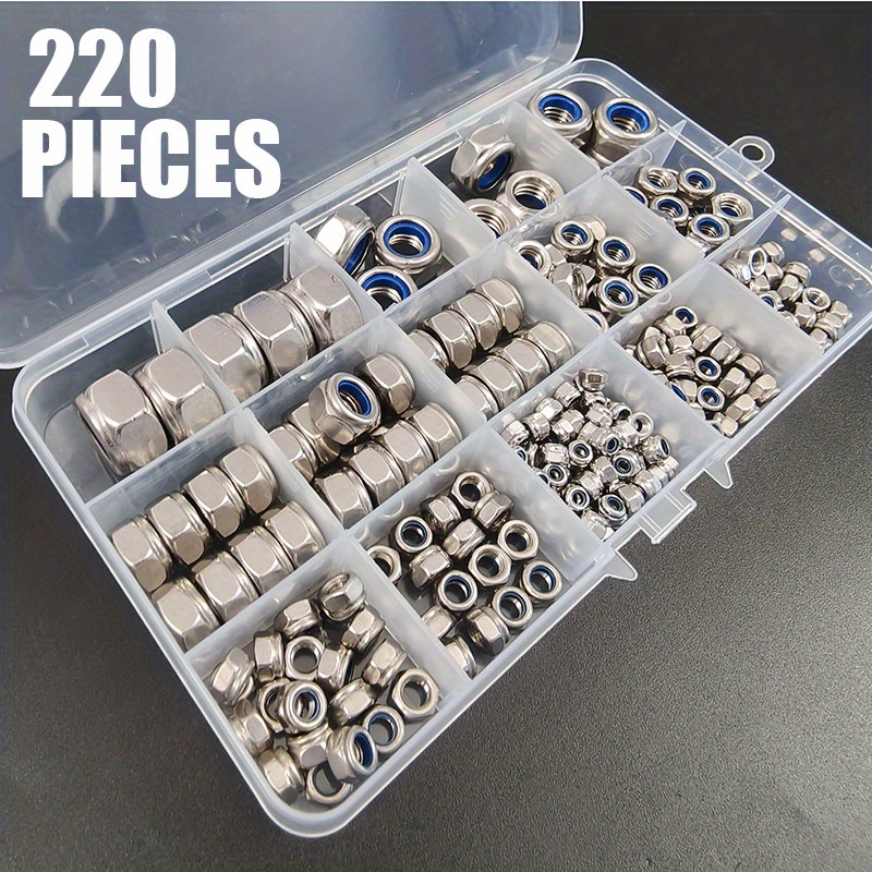 

Agashe 220pcs Stainless Steel Lock Nut Set - Metric Sizes M3 To M12, Nylon Insert Hex Design For Fastening, Polished , -resistant, Din985 , Ideal For Vibration & Impact Protection, Agashe