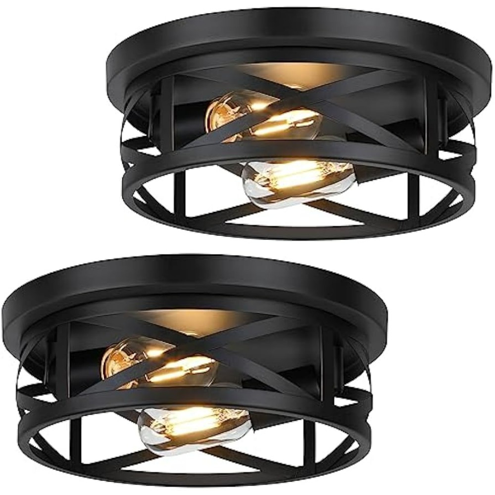 

2-pack 2-light Flush Mount Ceiling Light Fixtures, Farmhouse Black Ceiling Lights, Industrial Metal Cage Light Fixtures Ceiling Mounted With Adjustable Head, Ceiling Lights For Bedroom Hallway Kitchen