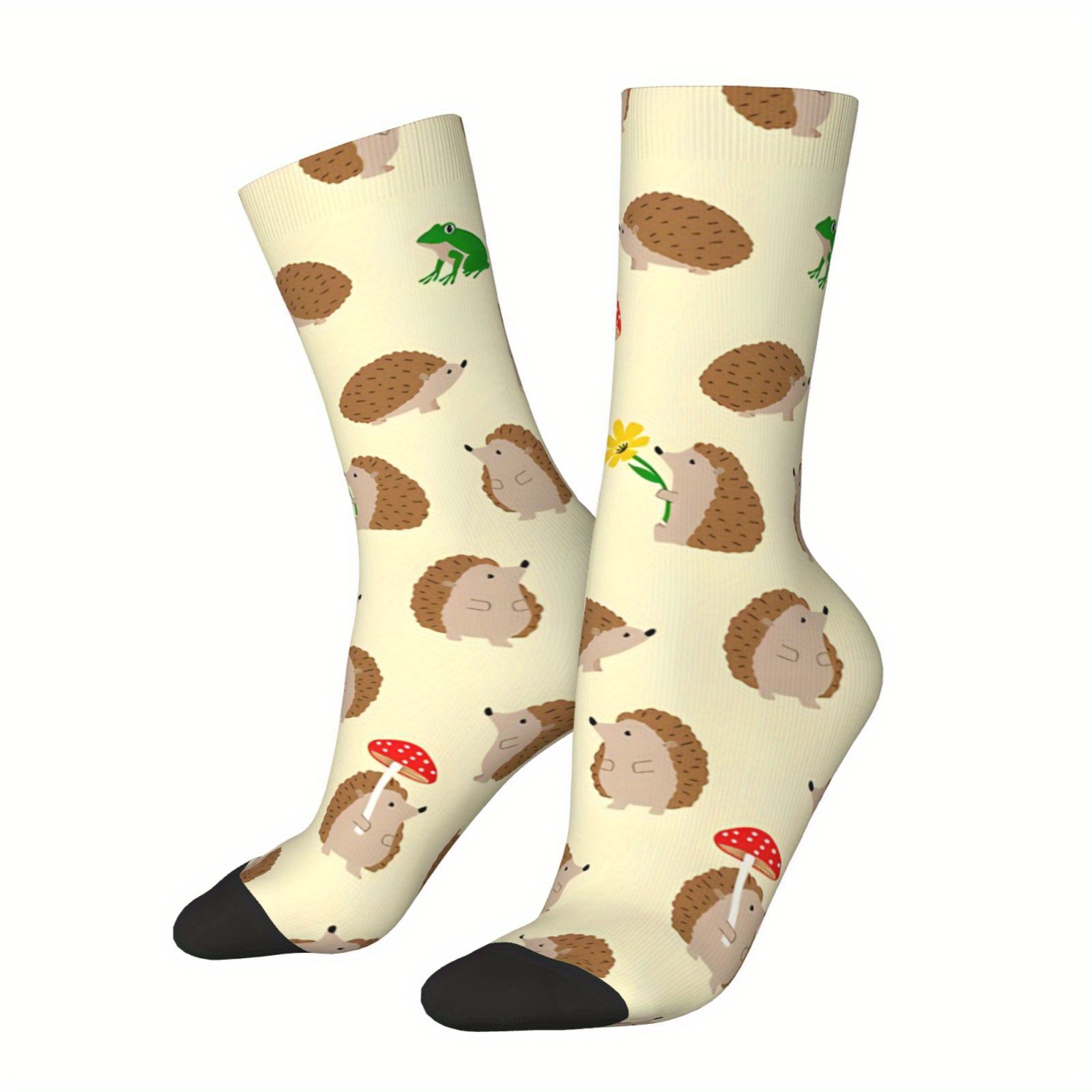 

Cute Hedgehog Pattern Socks - Fun Novelty Crew Socks, Cozy Polyester , Perfect Gift For