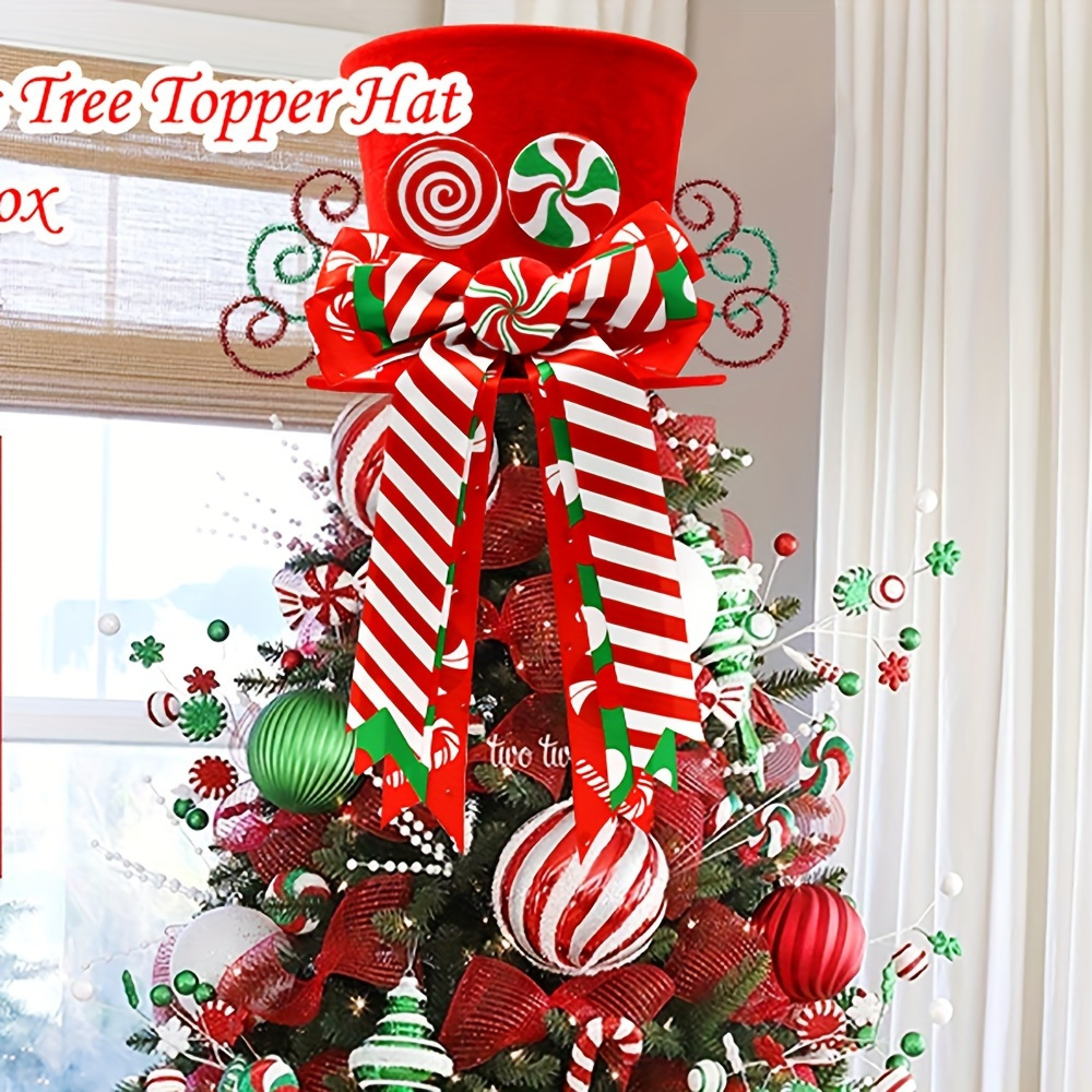 

Christmas Tree Topper With Candy Cane & Red Hat - Decor, No Power Needed Holiday Decorations