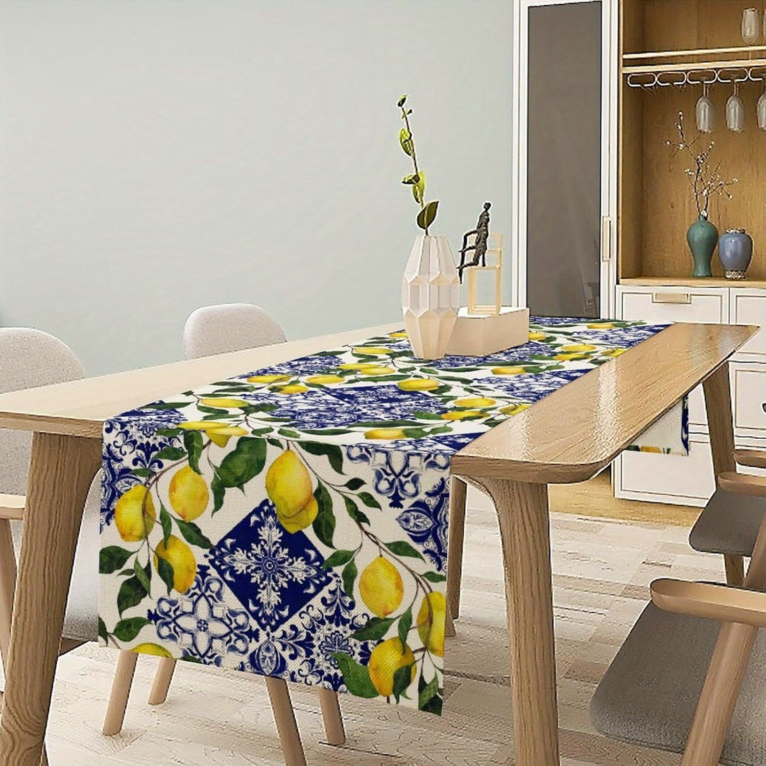 

1pc, Blue Tile Lemon Floral Table Runner, Woven Polyester Rectangular Table Decor For Kitchen, Dining Room, Events