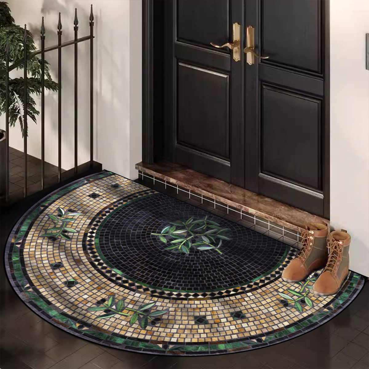 retro mosaic   door mat semicircular polyester welcome mat non slip dustproof entry rug 6mm thick hand wash elegant entrance floor carpet for home d cor details 0