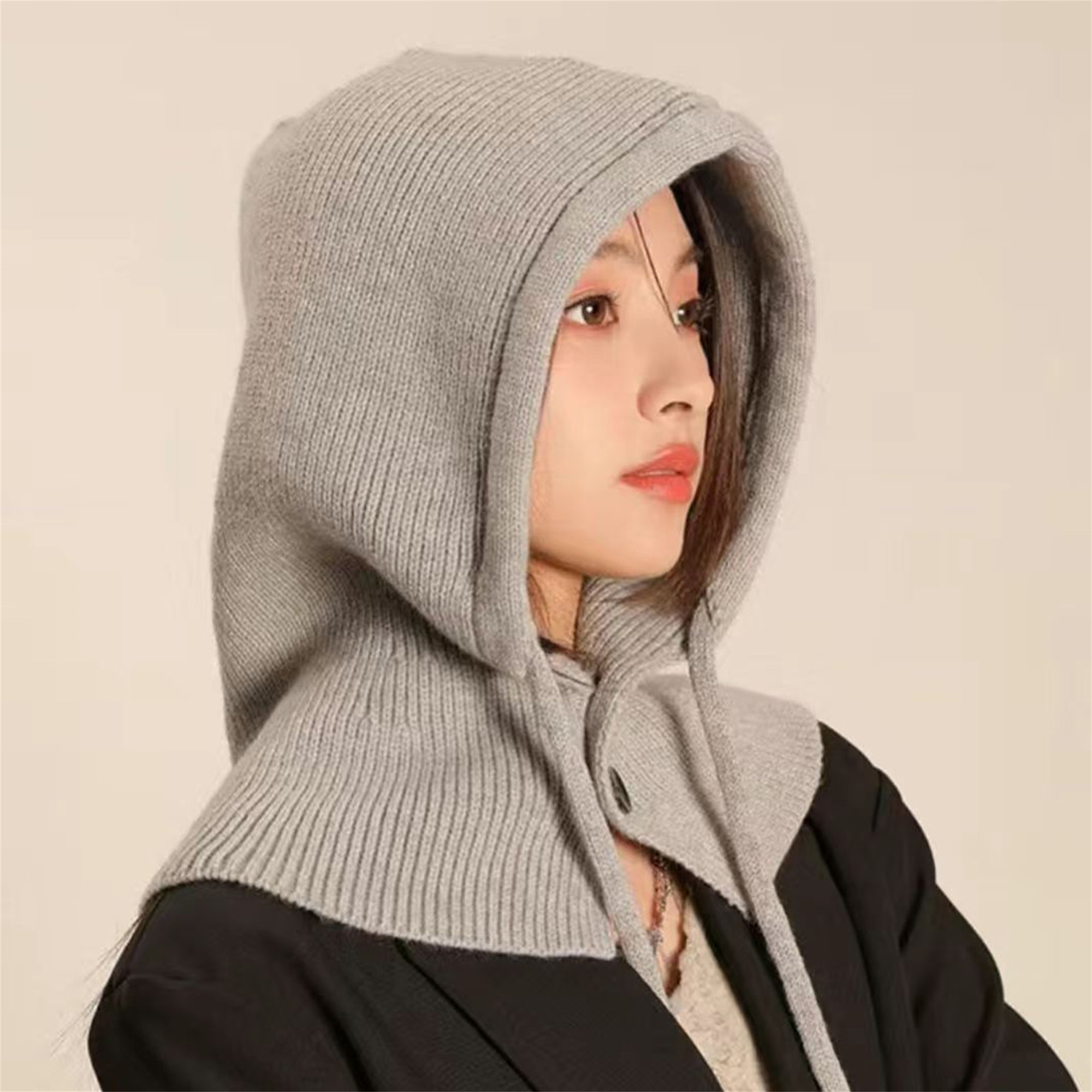 women hooded scarf hats solid color button drawstring - Temu display picture 3
